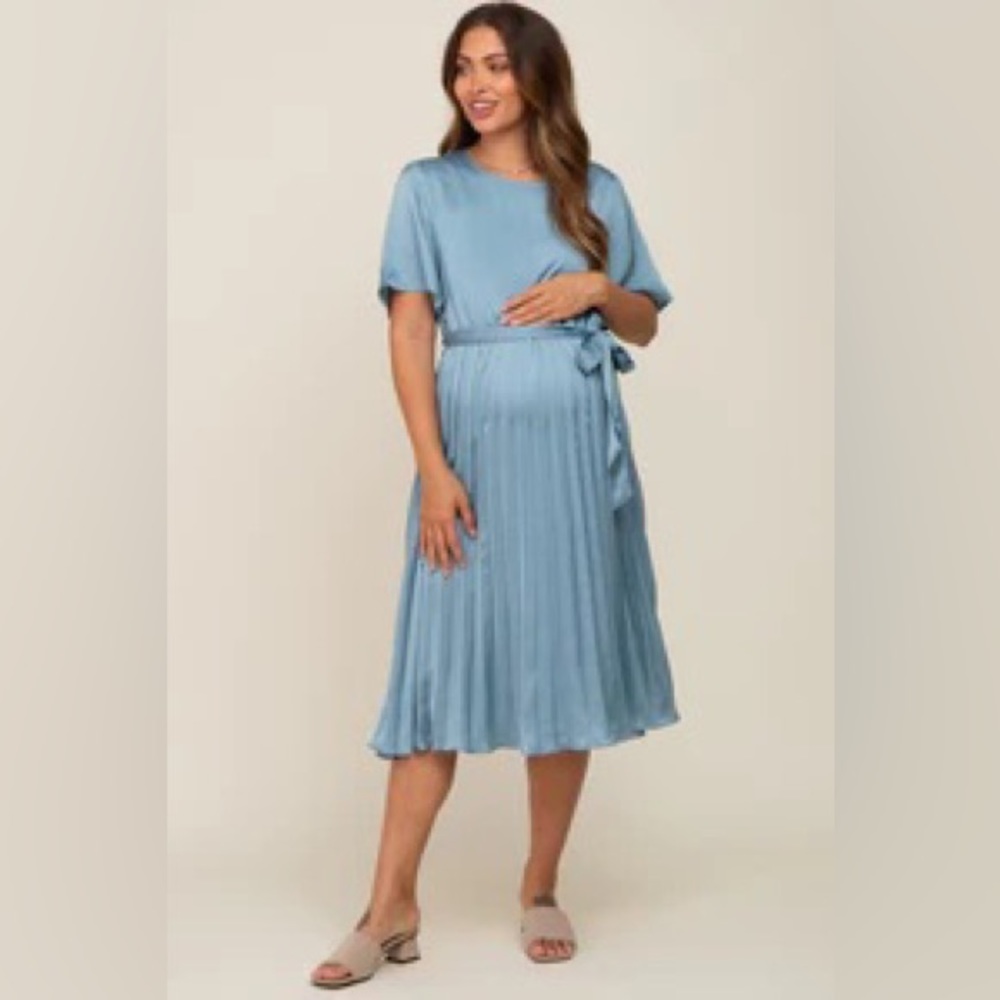 Blue Satin Pleated Maternity Midi Dress